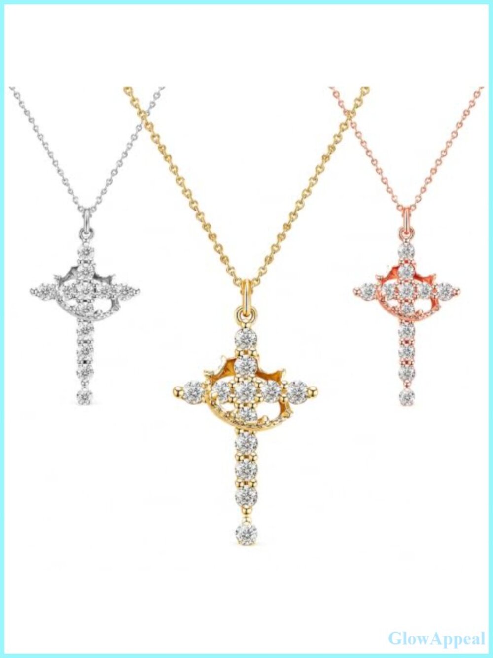 14K Gold Rose Silver Plated Crown Cross Necklace Set Waterproof Non Tarnish